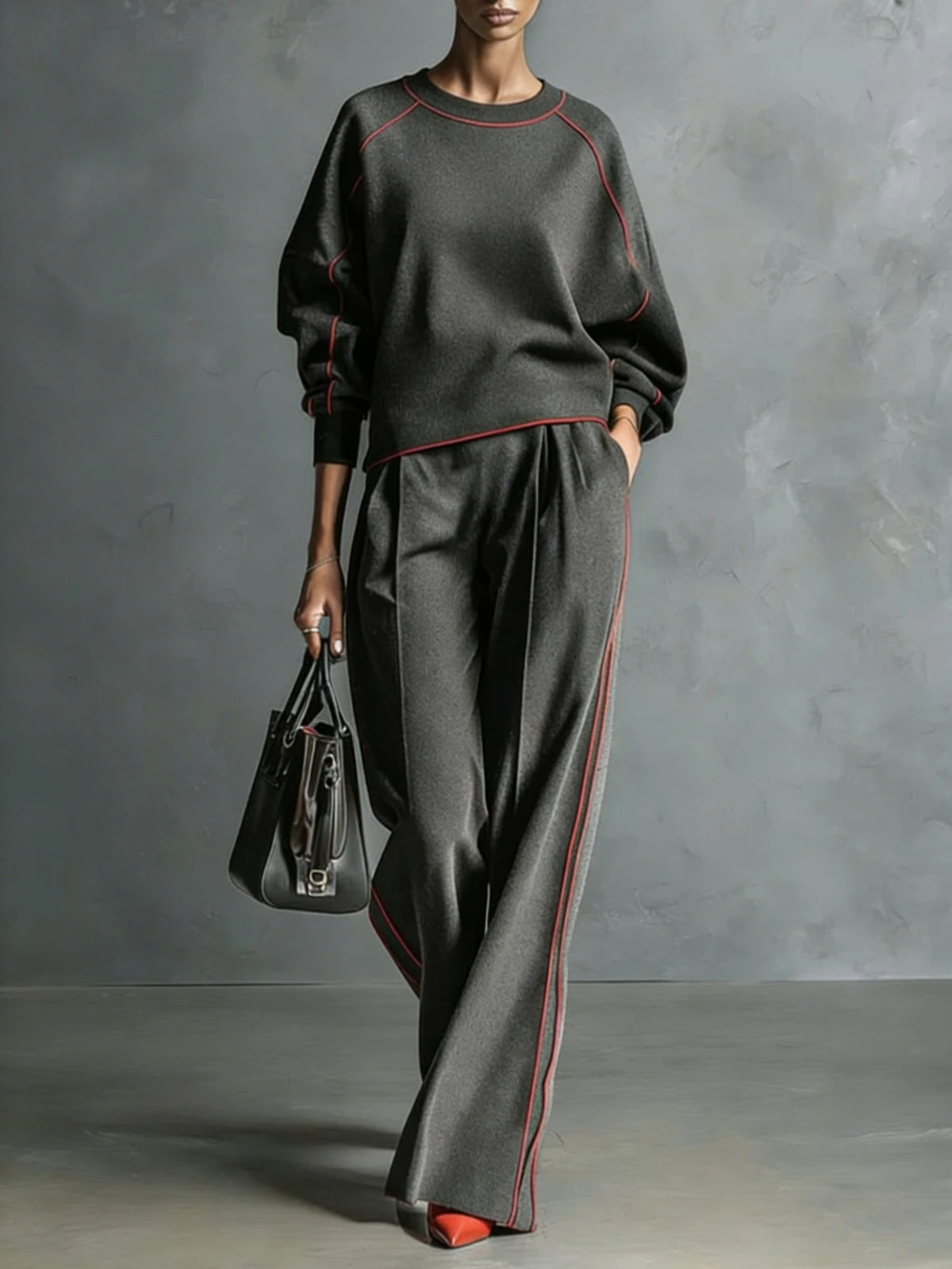 Women's Two Piece Striped Suit Long Sleeve Wide Leg Pants