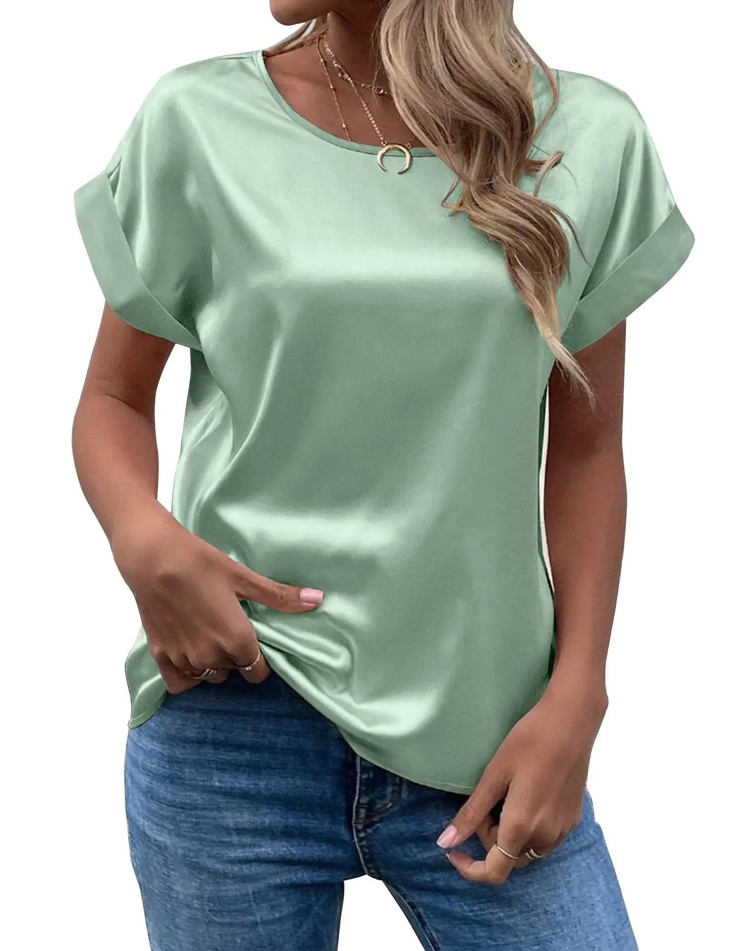 ZOCI Women's Short Sleeve Mercerized Cotton Round Neck Top