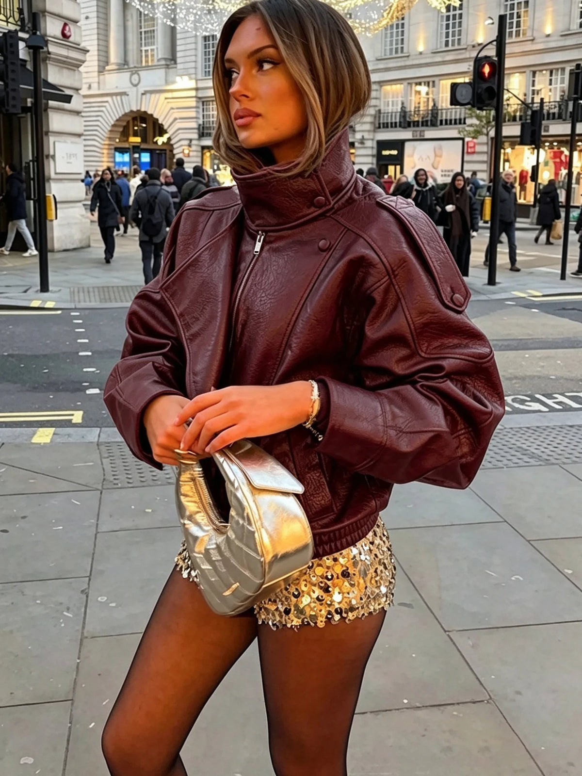 Women's Casual Turtleneck Faux Leather Jacket With Single Button Closure