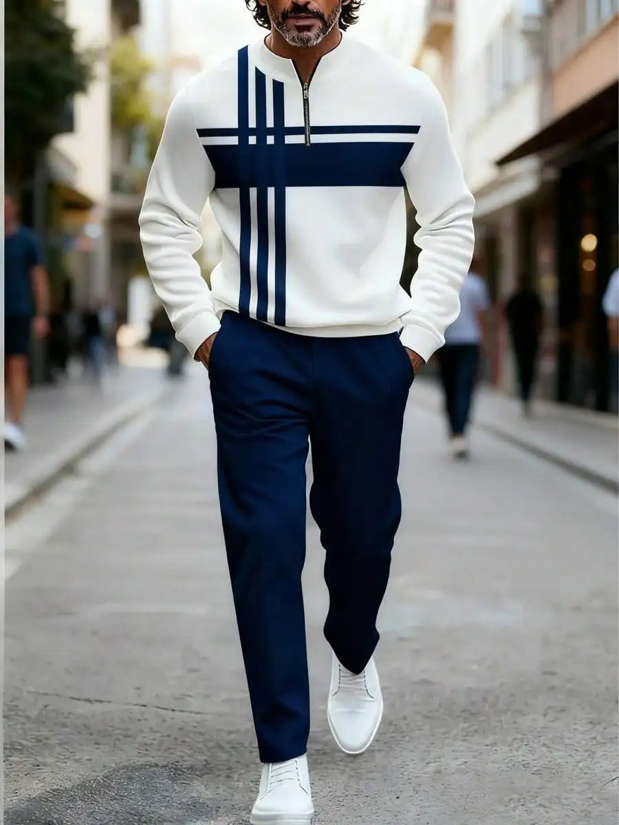 Mens Polyester 3D Print Sportswear Set Zipper Top Long Pants