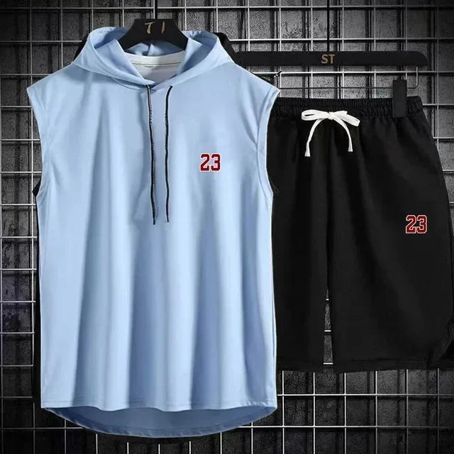 Summer Mens Sleeveless Hooded T Shirt And Shorts Set