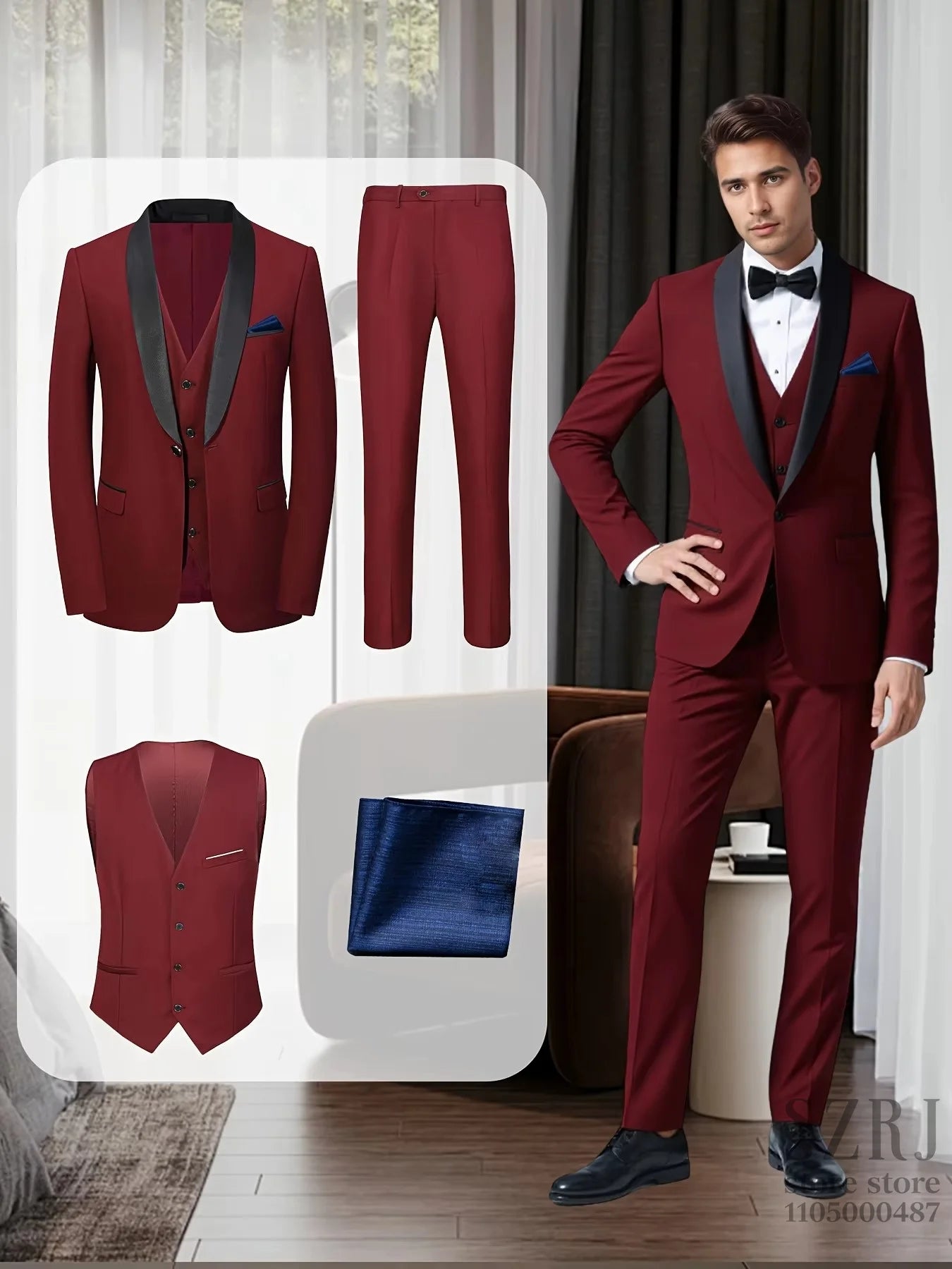 Mens Tuxedo 4 Piece Suit Jacket Vest Pants Pocket Square
