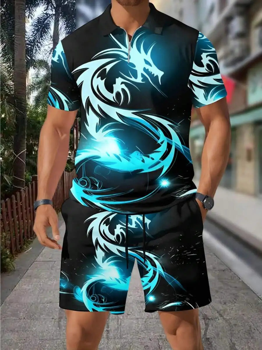 Men's Summer 3D Dragon Print Polo Shirt And Shorts Set