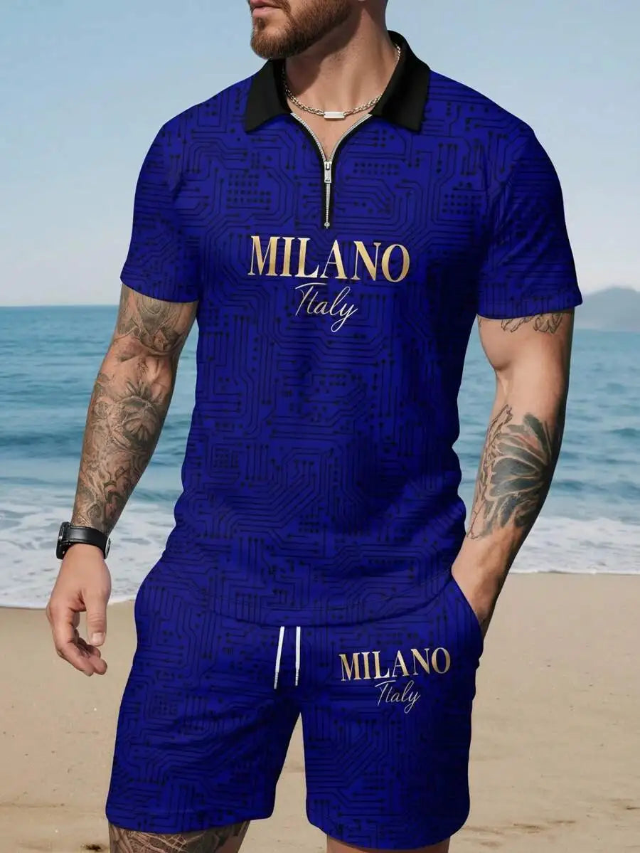 Men's Circuit Pattern Zippered Shirt and Drawstring Shorts Set