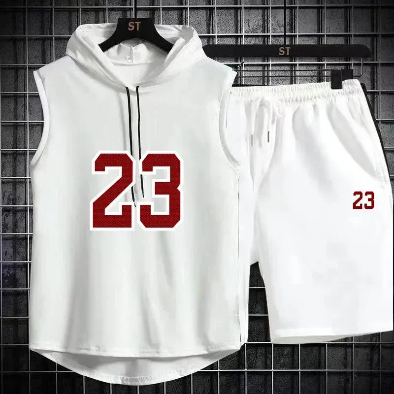 Summer Mens Sleeveless Hooded T Shirt And Shorts Set