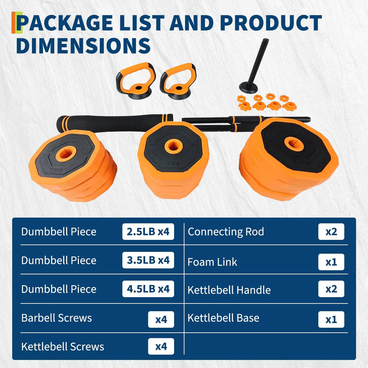 Adjustable Dumbbells 44lb Connector 4-In-1 Free Weight Barbell Kettlebell Set