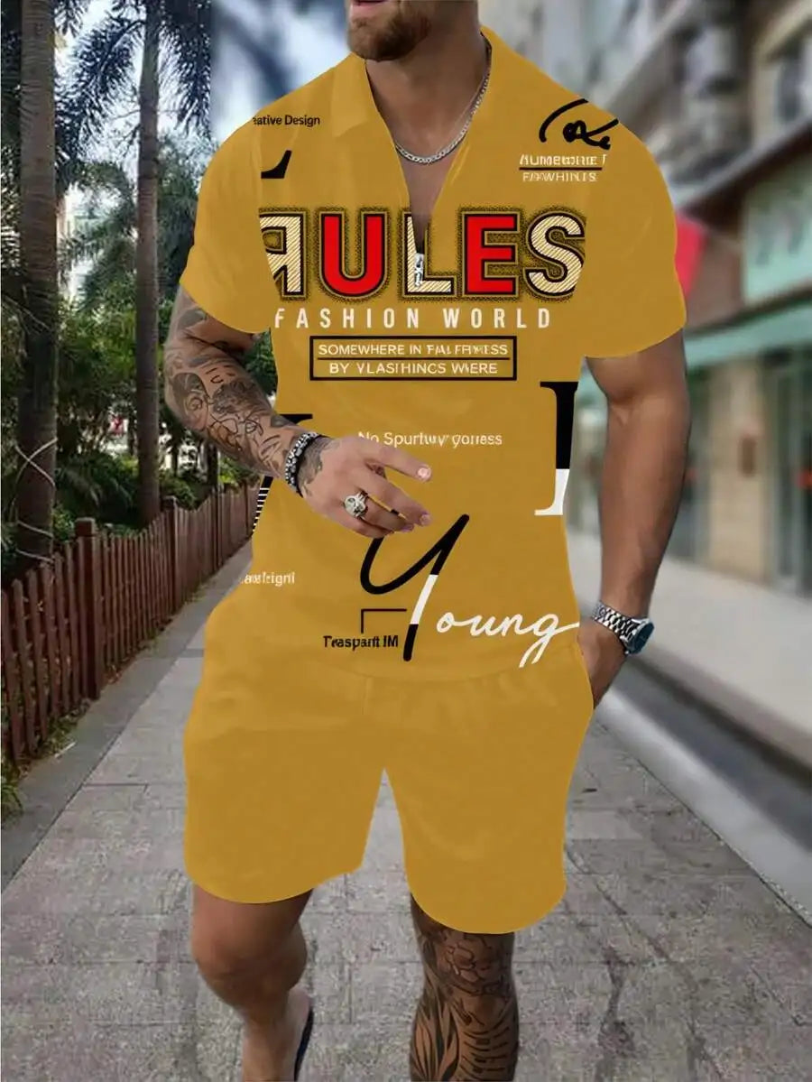 Mens Summer Casual Two Piece Zip Shirt And Shorts Set