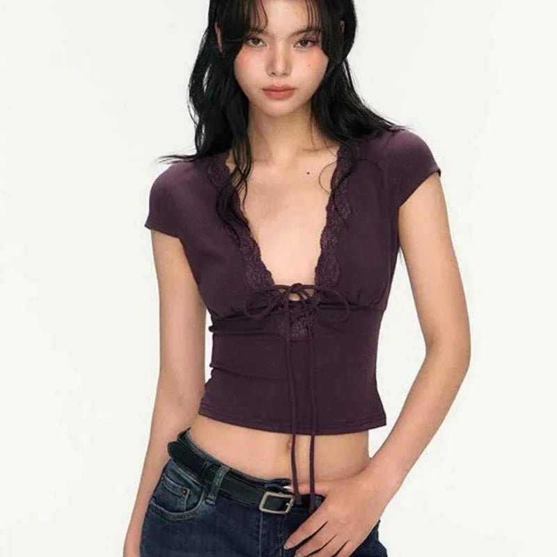 Sexy French Lace Trim T-shirt Women Deep V Neck Lace Up Solid Casual Short Sleeve Summer Vintage Slim Fit Streetwear Crop Tops