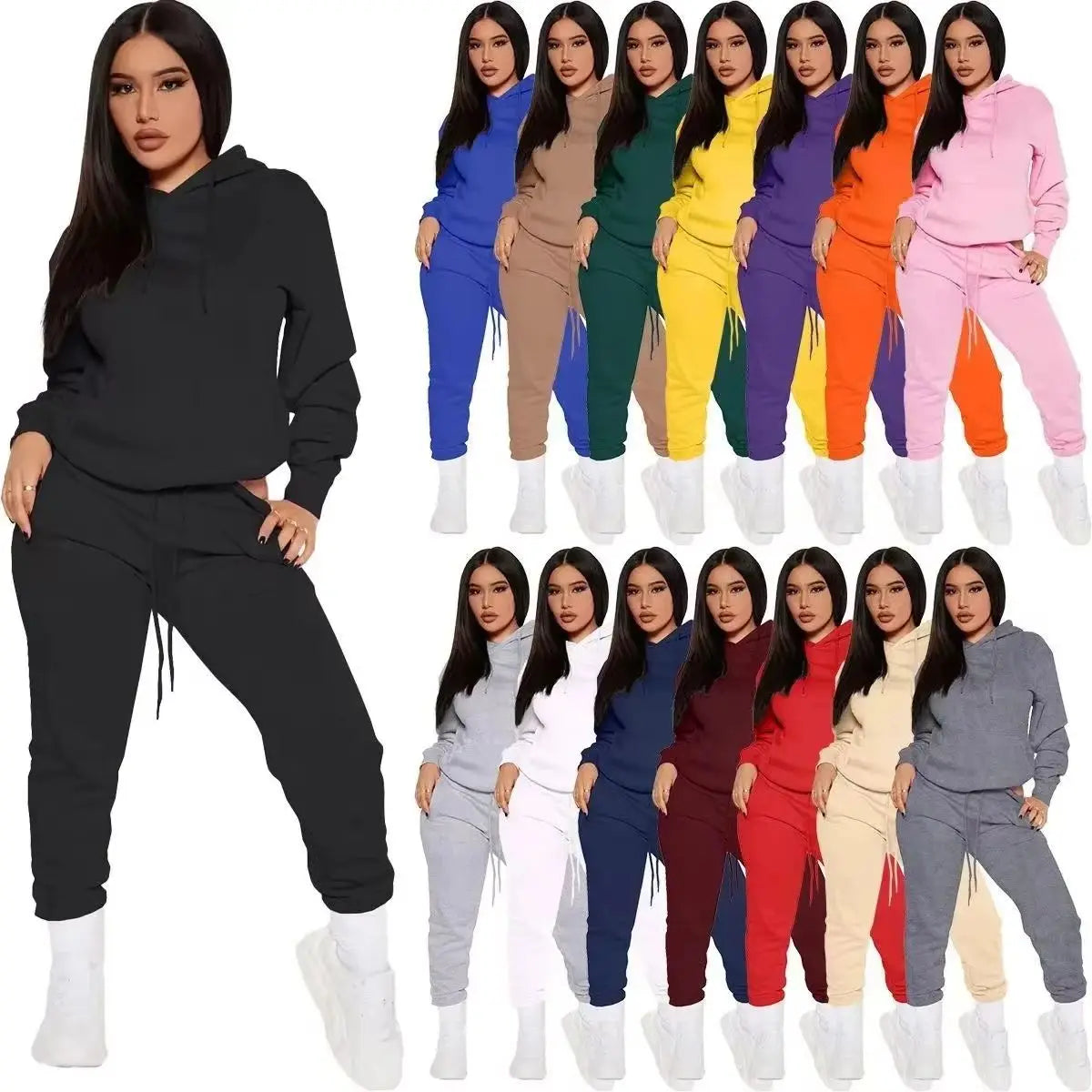 NONECN Winter Women Tracksuit Set Hooded Sweatpants Two Piece