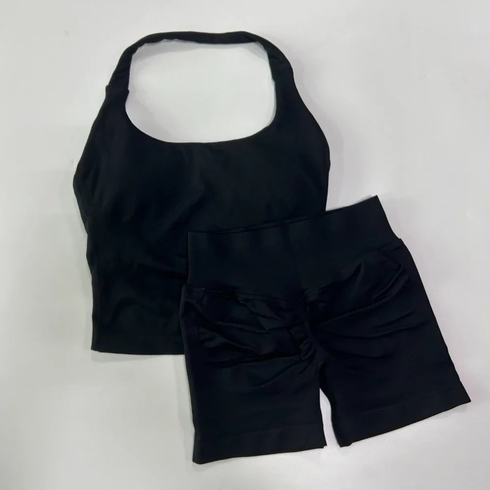 Yoga 2 Piece Seamless Backless Halter With High Waist Shorts