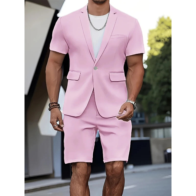 Men's Suit Summer Casual Suit 2 Piece Short Sleeve Suit Blazer 5 Inch Dress Shorts for Beach Weddings Suit Casual Occasions