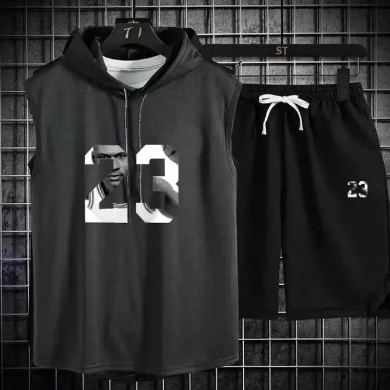 Summer Mens Sleeveless Hooded T Shirt And Shorts Set