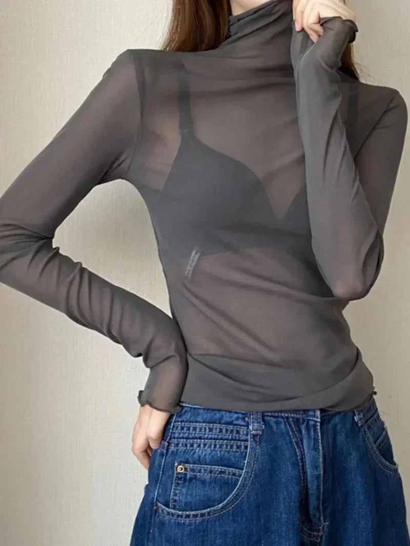 TDFunlive High Neck Lace Blouse See Through Long Sleeve