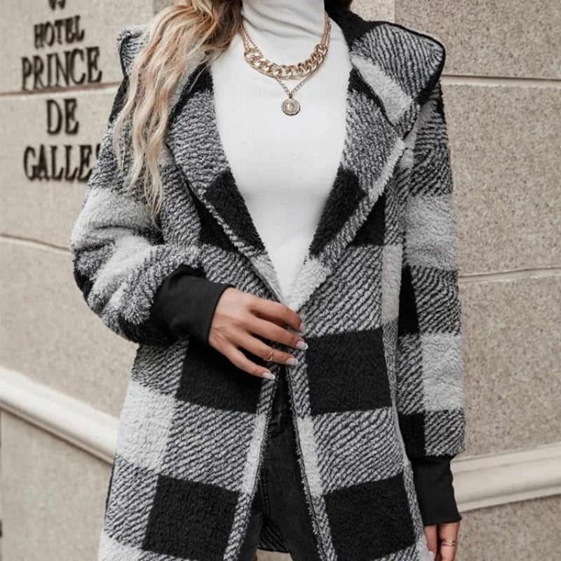 Women's Plaid Fleece Hooded Cardigan Jacket With Patchwork Design