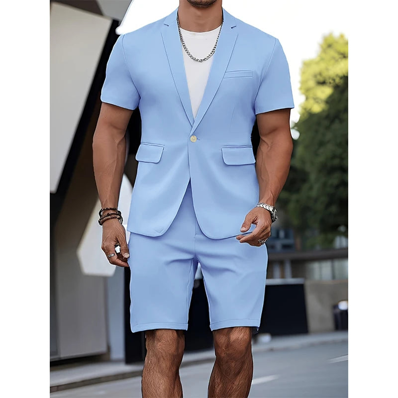 Men's Suit Summer Casual Suit 2 Piece Short Sleeve Suit Blazer 5 Inch Dress Shorts for Beach Weddings Suit Casual Occasions