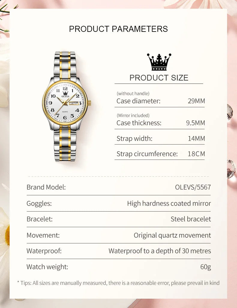 OLEVS Quartz Watch Women Fashion Stainless Steel Waterproof Luminous Luxury