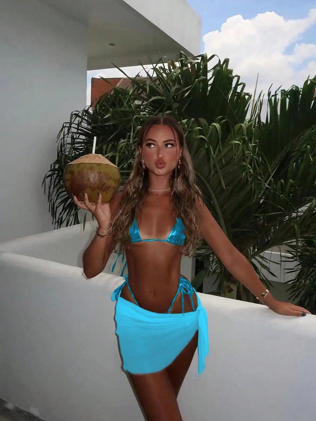 Three Piece Halter Bikini Set With Cutout Mesh Skirt