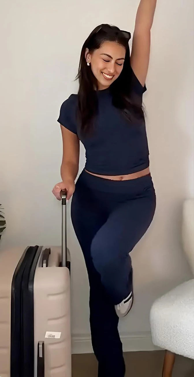Women's Two Piece Yoga Set Short Sleeve Flared Pants
