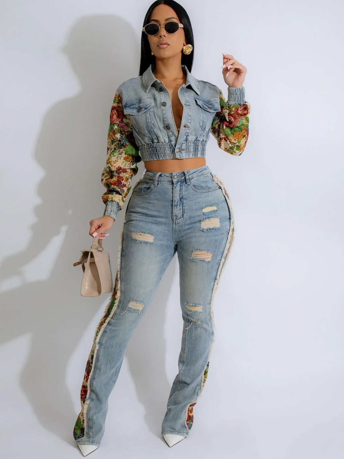 Women's Retro Denim Patchwork Two Piece Jacket And Jeans Set