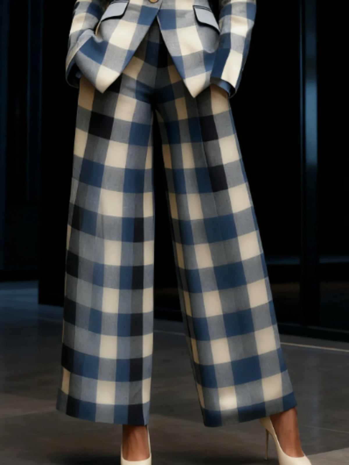Plaid Print Womens Blazer And Wide Leg Pants Business Suit