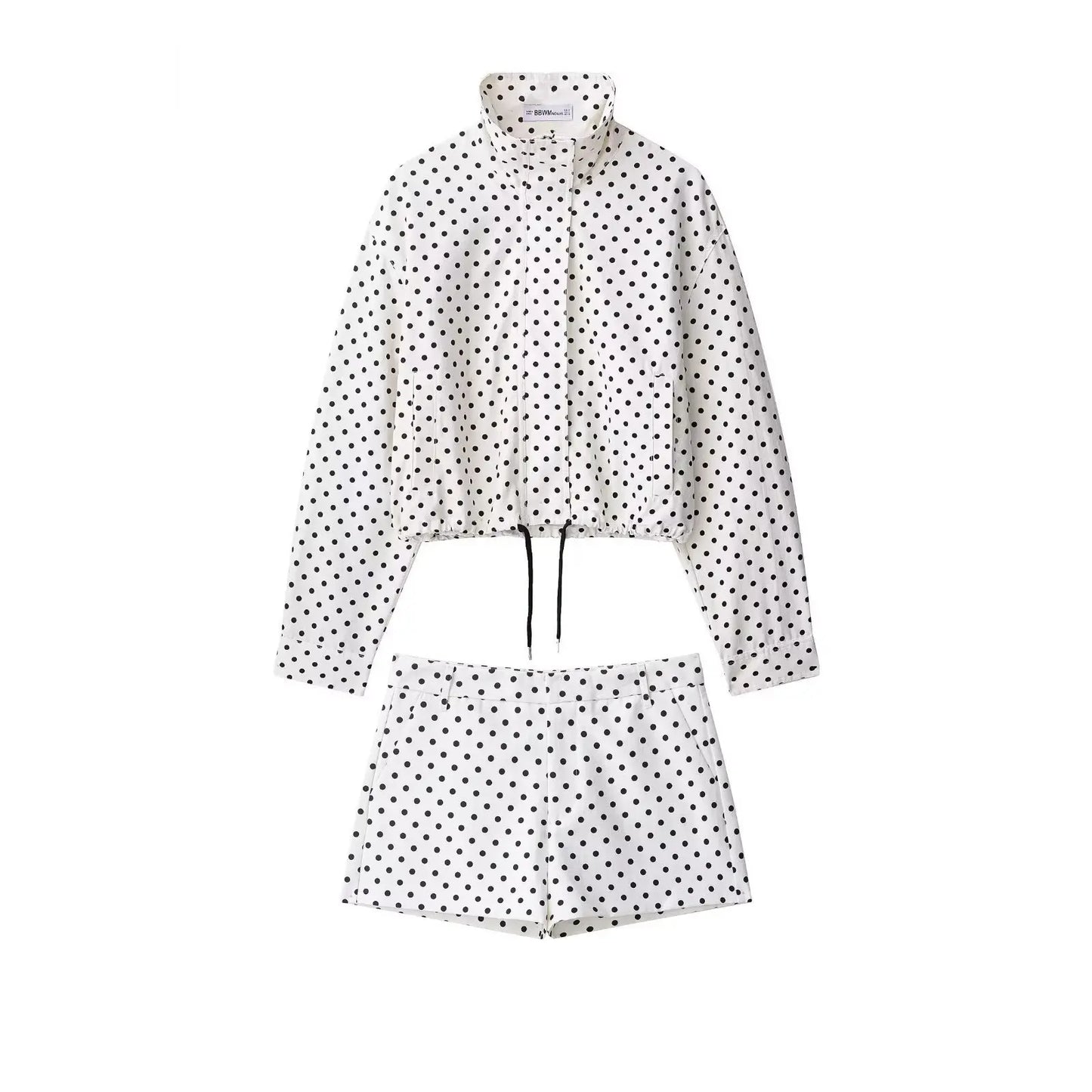 Jadoutin Women Spring Jacket Turtleneck Zipper Pockets Drawstring Polka Dot
