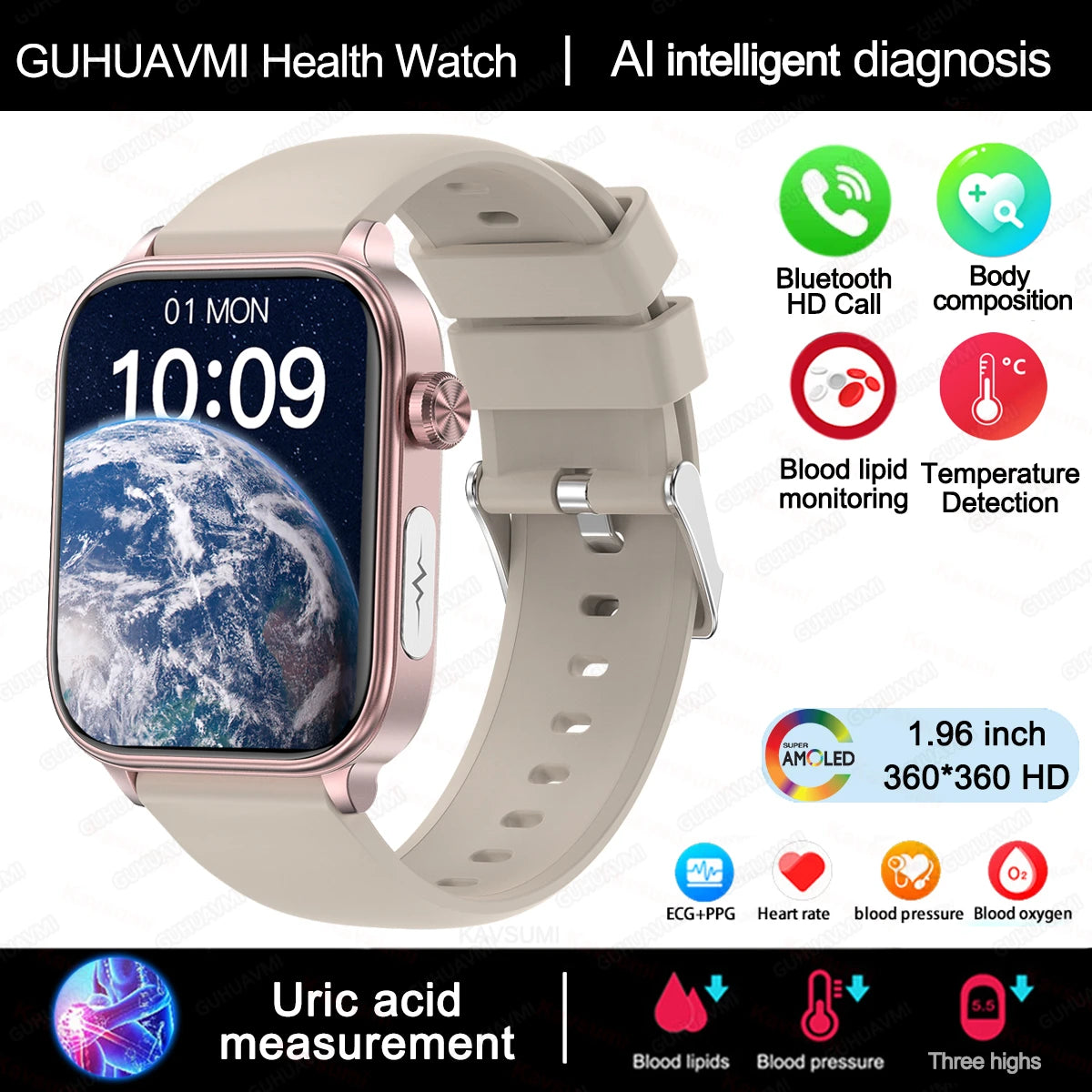 ECG PPG Smart Watch Health Tracker Blood Pressure Lipids