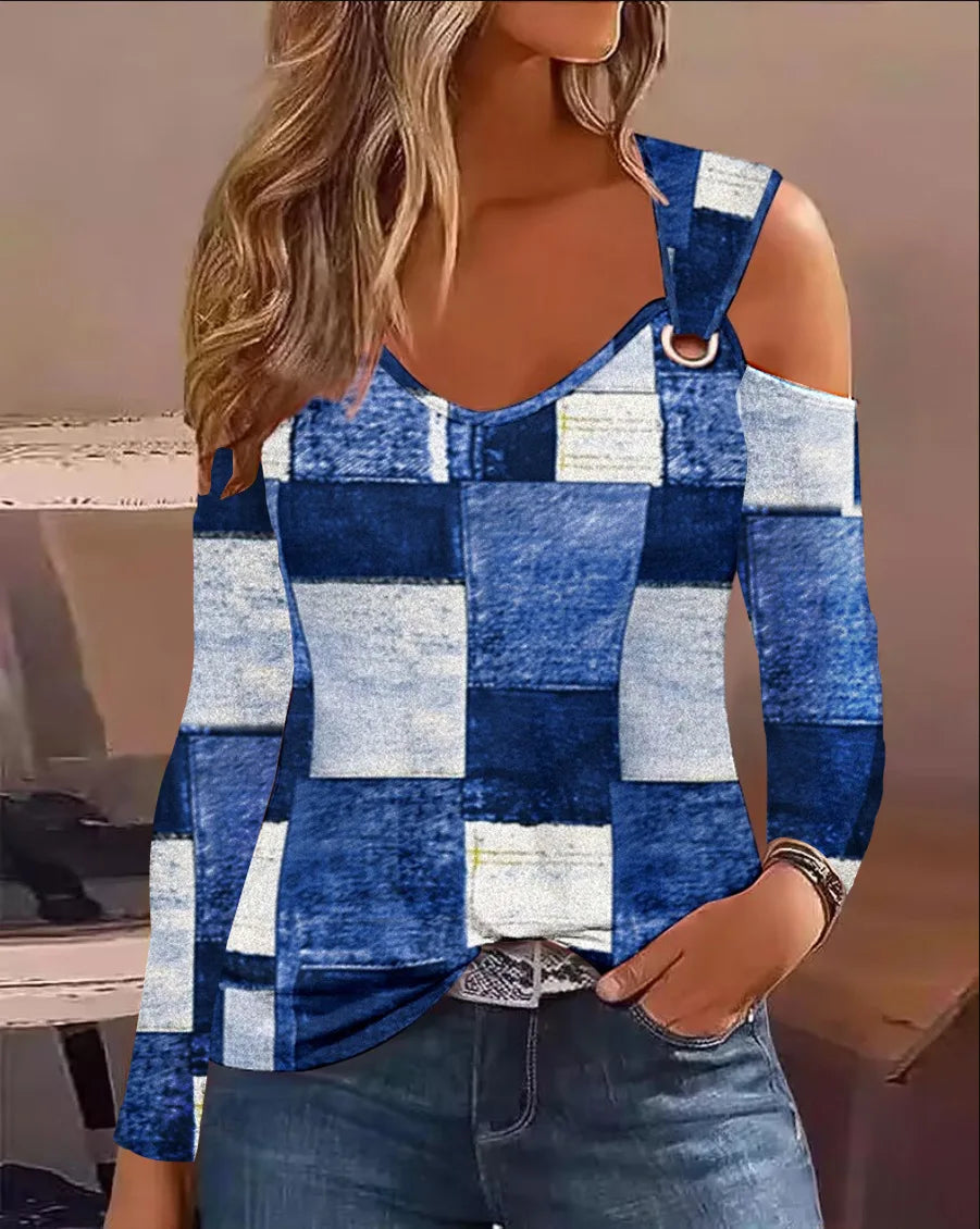 Women Jersey Knit Blouse With Denim Look Print Eyelet