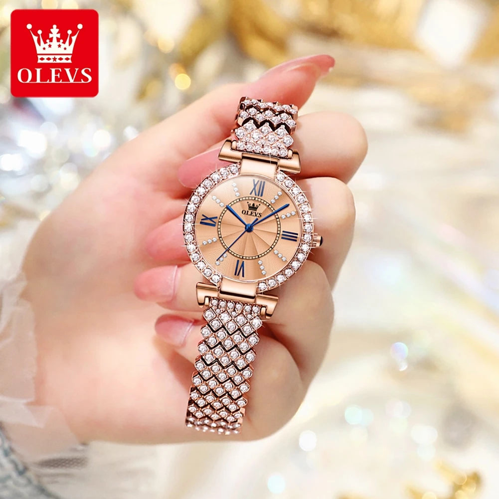 OLEVS Women's Quartz Watch With Diamond Strap And Roman Dial