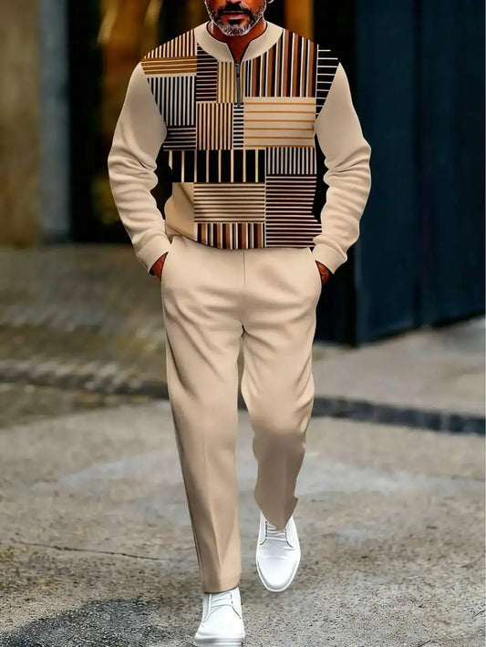 Mens Geometric Pattern Two Piece Knit Polo Suit Set