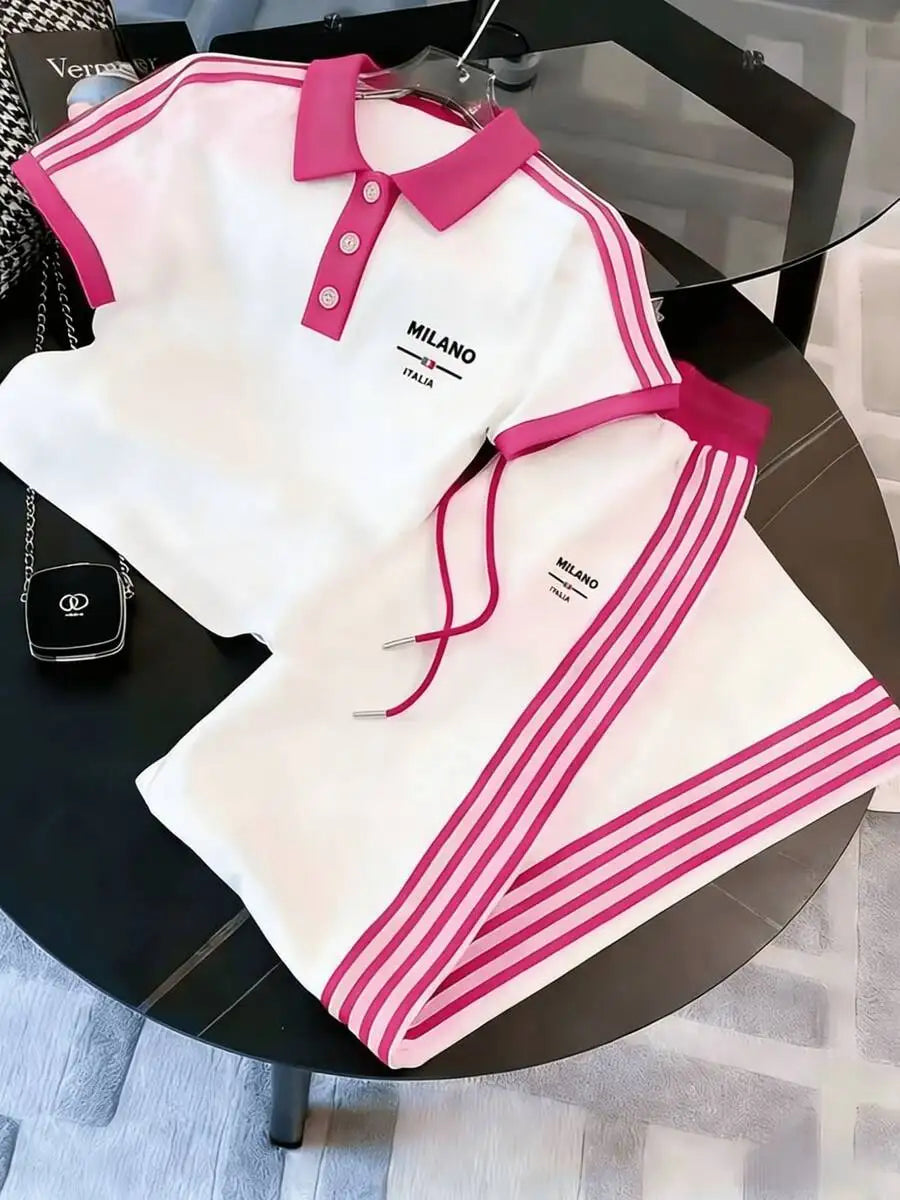 Mens Striped Polo Co-ords Set Casual Knit Cuban Collar Ensemble