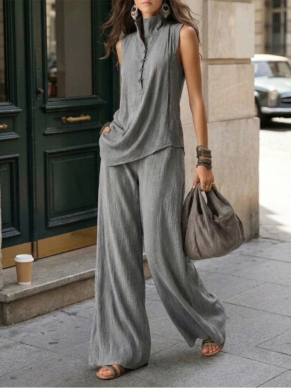 Women's Mock Neck Sleeveless Top Wide Leg Pants Set