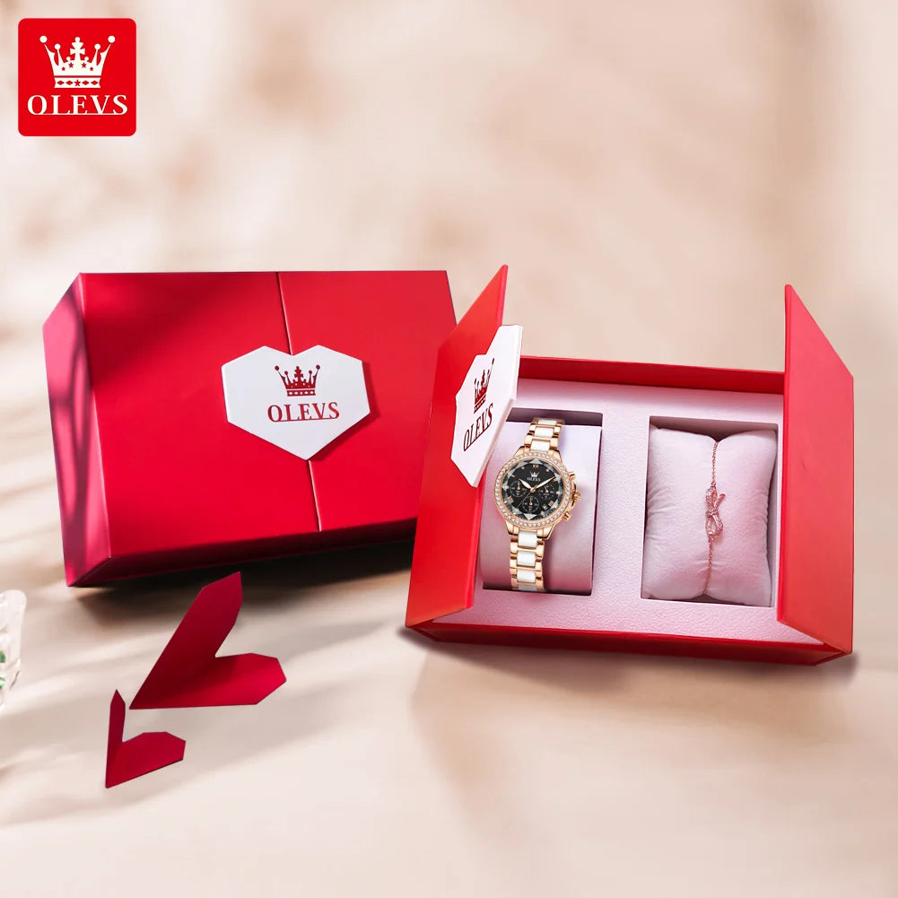 OLEVS Women Chronograph Ceramic Watch Waterproof Elegant Dress