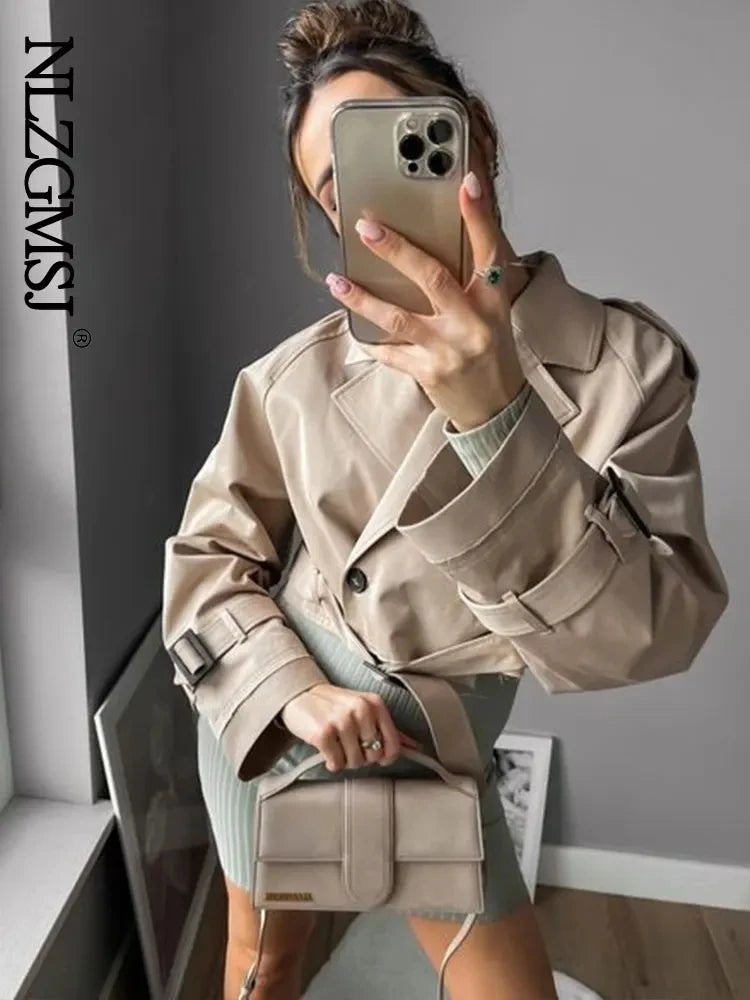 Nlzgmsj Belt Cropped Trench Coat Women Double Breasted Outerwear