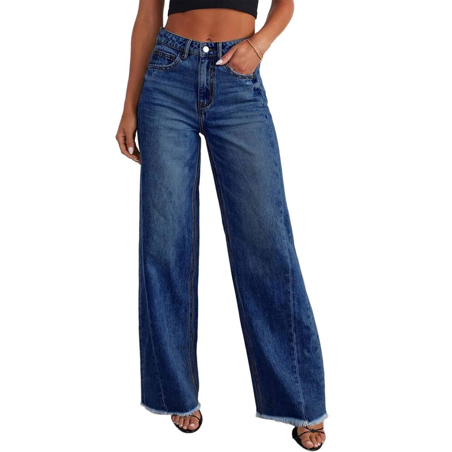 Women Wide Leg Jeans High Waist Denim Trousers With Pockets