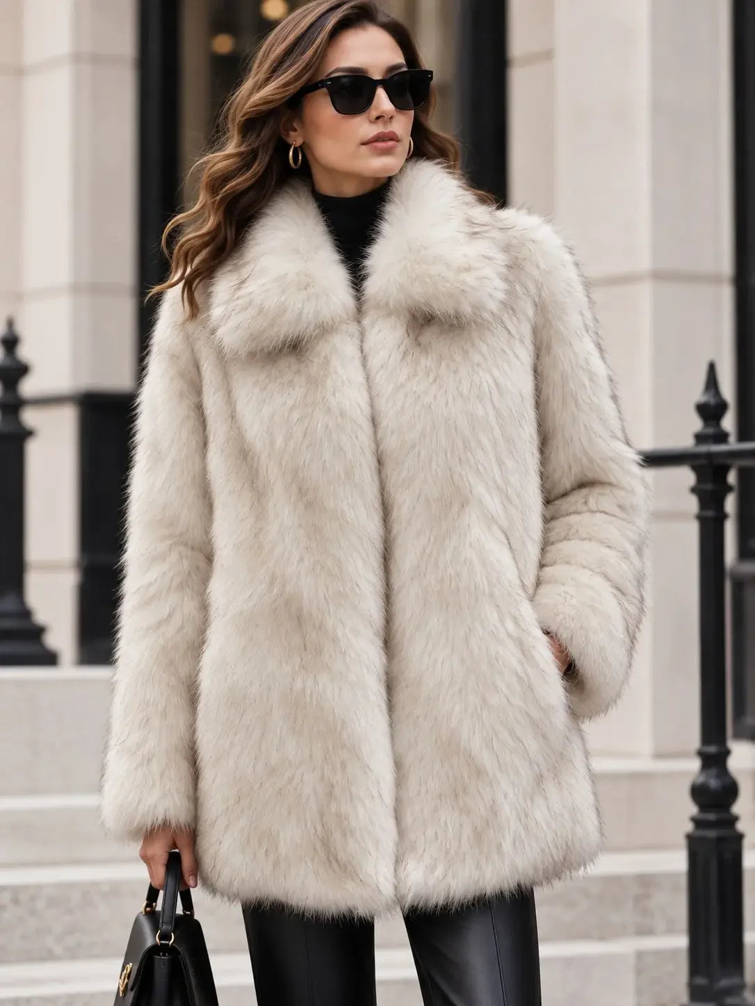 Women's Elegant Faux Fur Lapel Coat With Plush Warmth