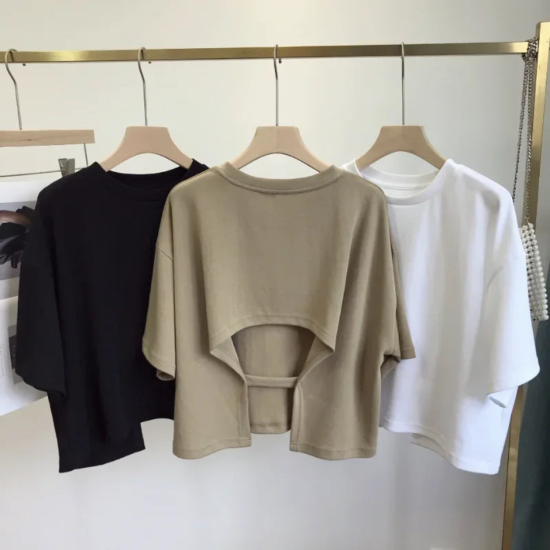 Dawndesslo Backless Summer Crop Top For Women Round Neck Tee