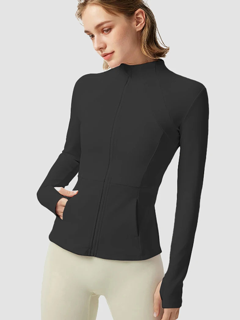 Lightweight Womens Yoga Jacket With Zip Pockets And Thumb Cuffs