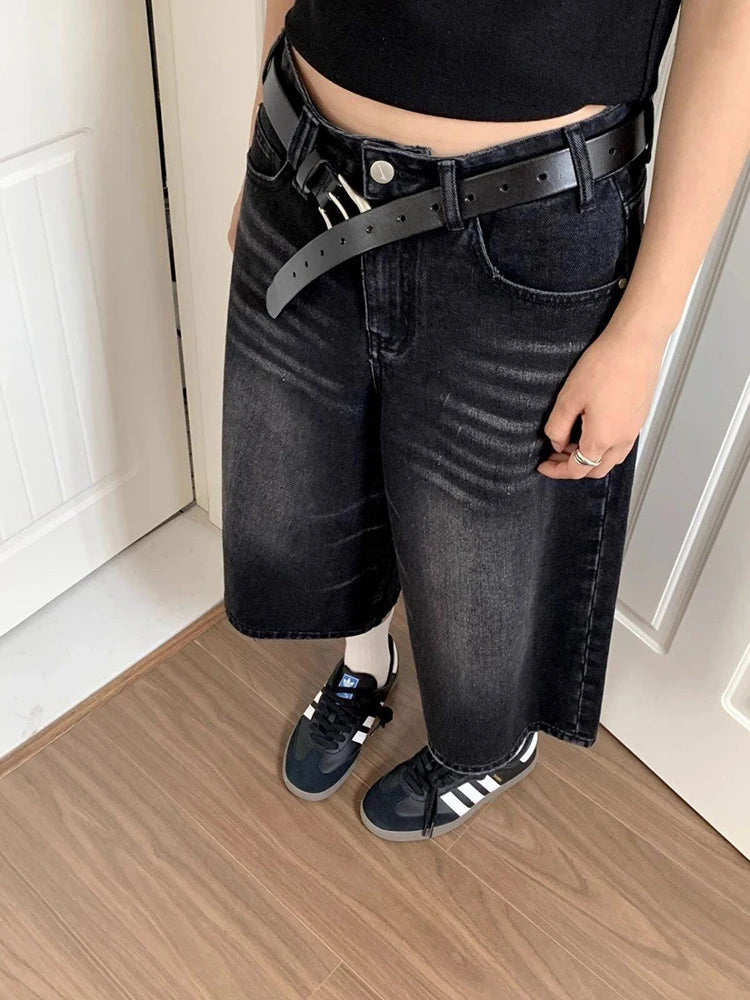 Linglsix High Waist Denim Shorts Loose Fit Harajuku Streetwear