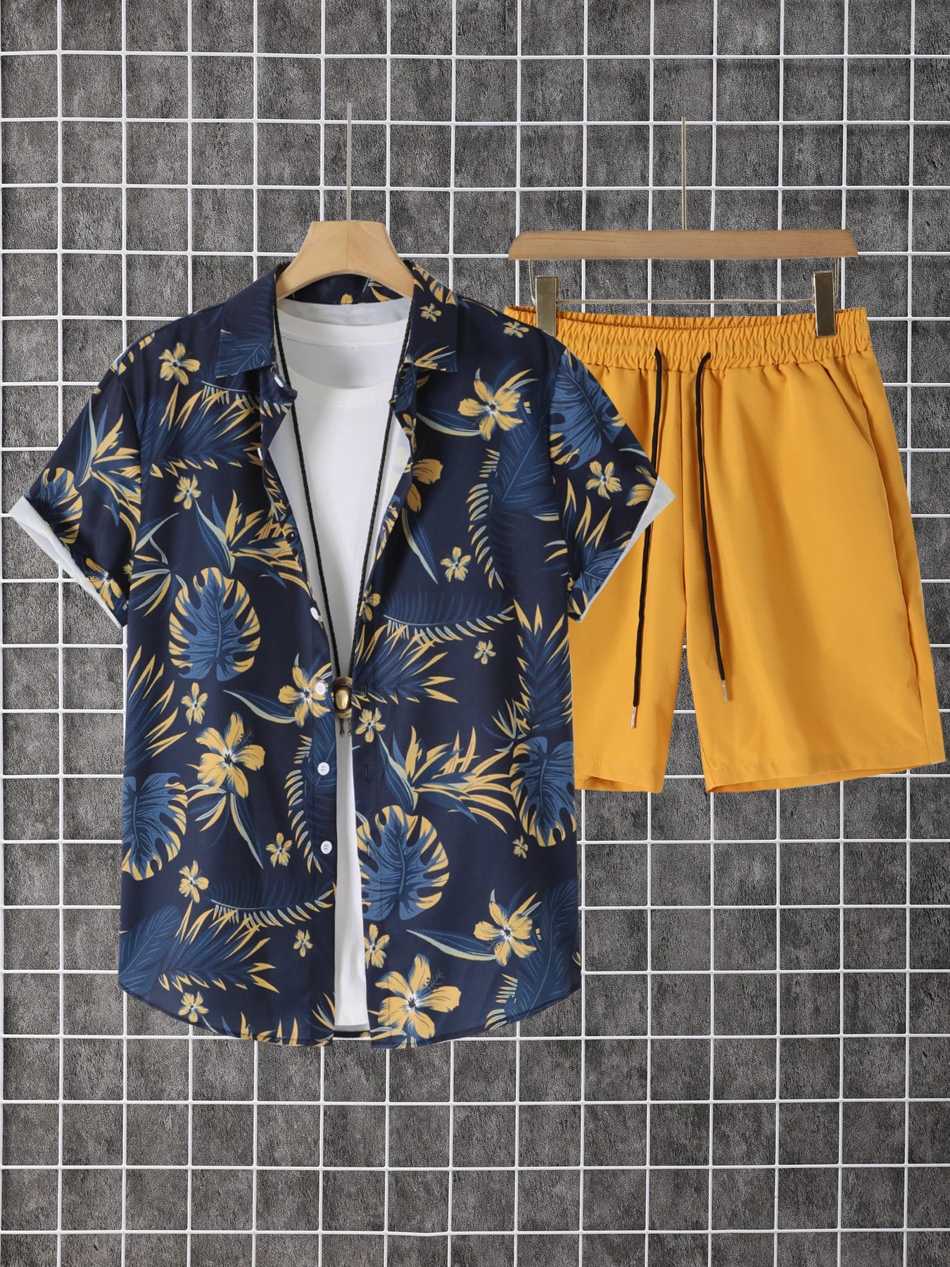 Mens Summer Printed Short Sleeve Button Down Shirt Shorts Set