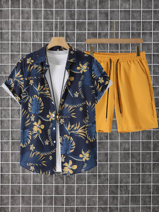 Mens Summer Printed Short Sleeve Button Down Shirt Shorts Set