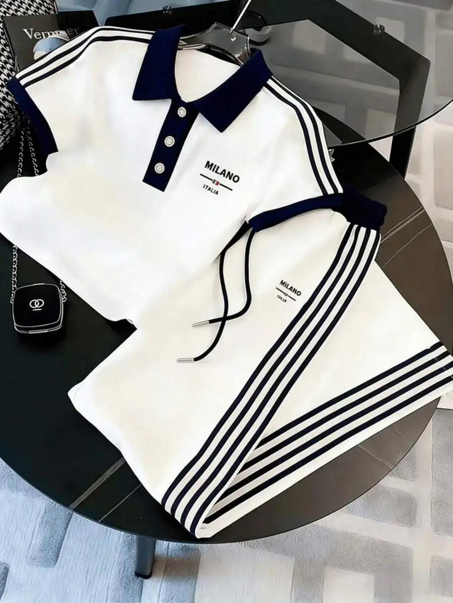 Mens Striped Polo Co-ords Set Casual Knit Cuban Collar Ensemble