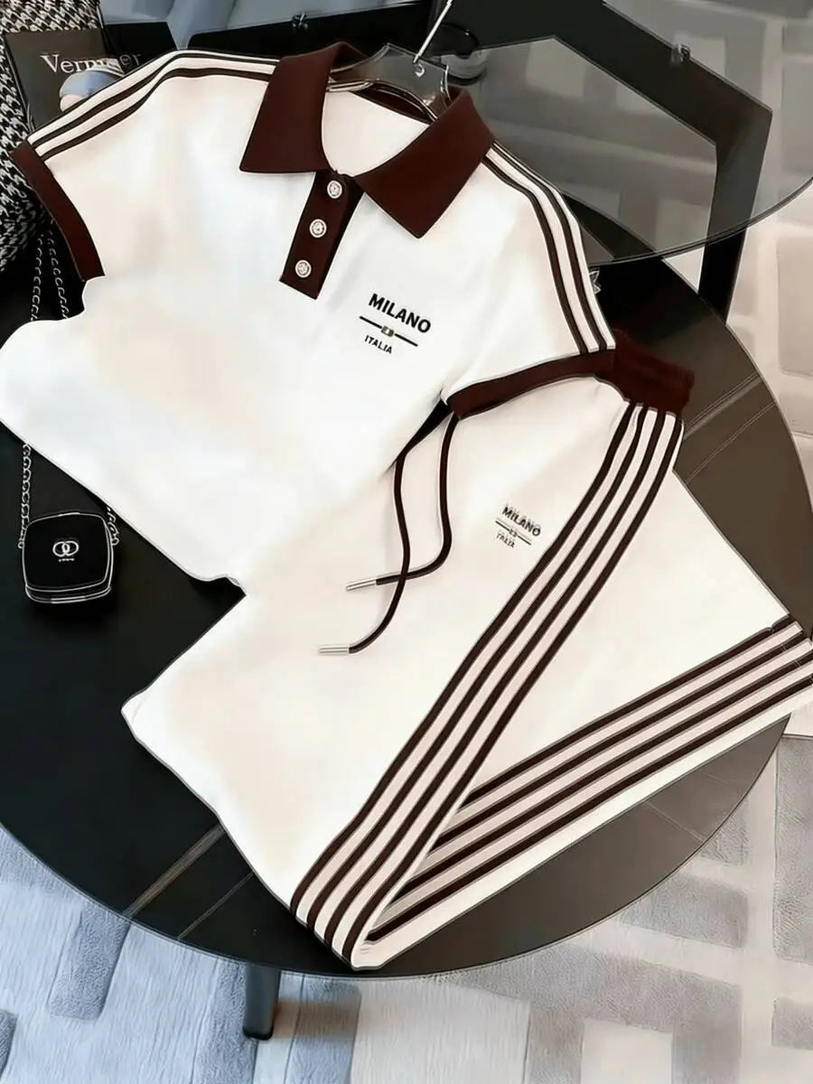 Mens Striped Polo Co-ords Set Casual Knit Cuban Collar Ensemble