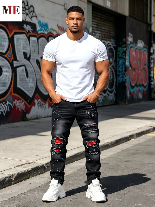 HME Men's Vintage Slim Fit Distressed Denim Jeans With Patches