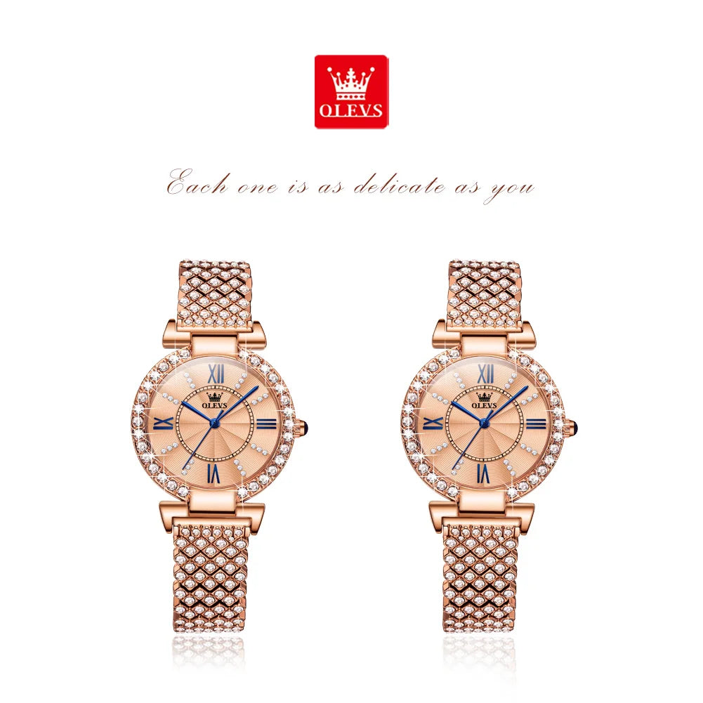 OLEVS Women's Quartz Watch With Diamond Strap And Roman Dial