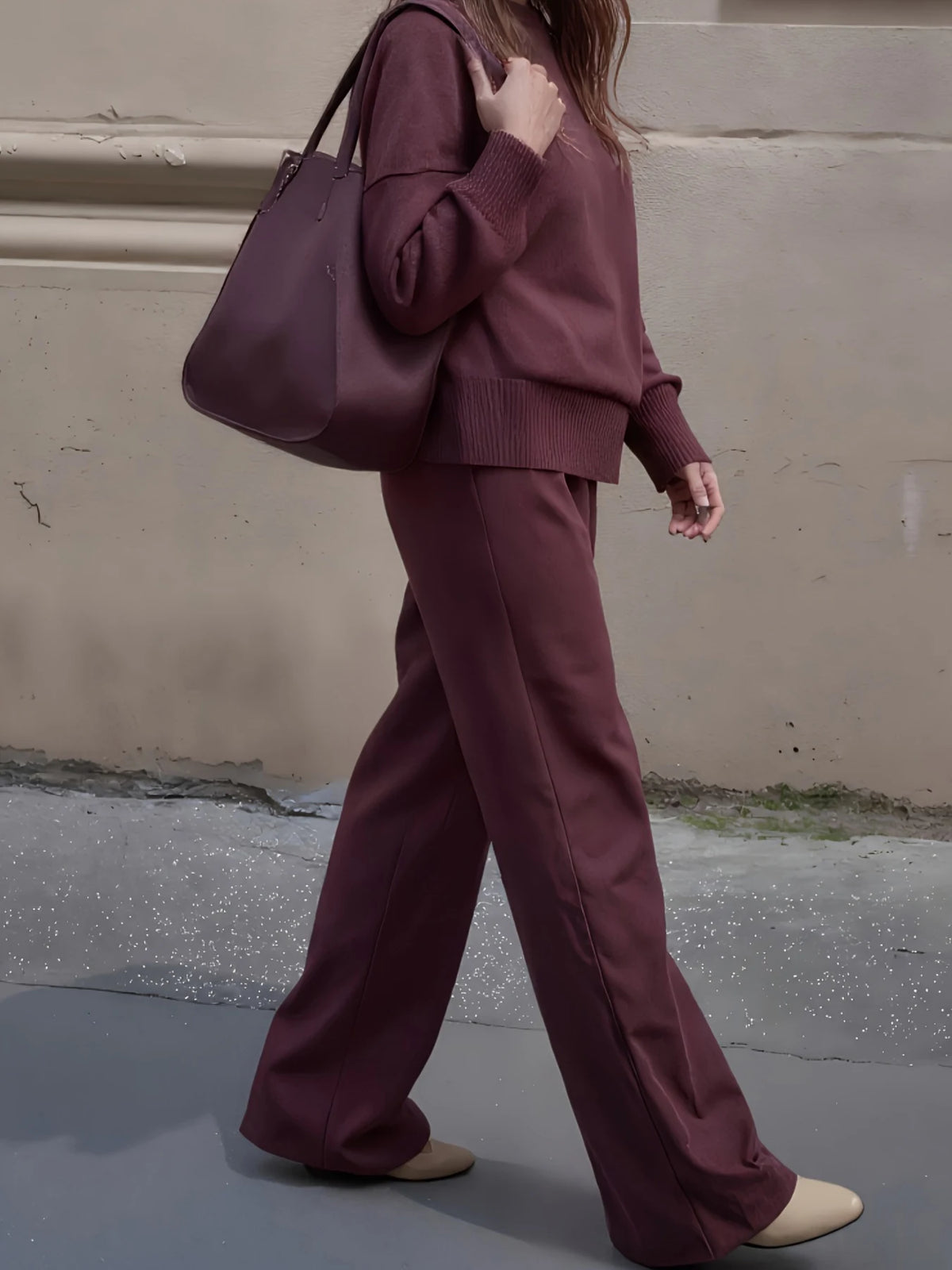 Women's Velvet Two Piece Suit With Turtleneck Sweatshirt And Wide Leg Pants