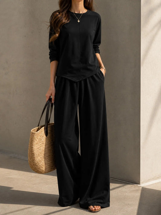 Womens Casual Lounge Set Long Sleeve Top Wide Leg Pants