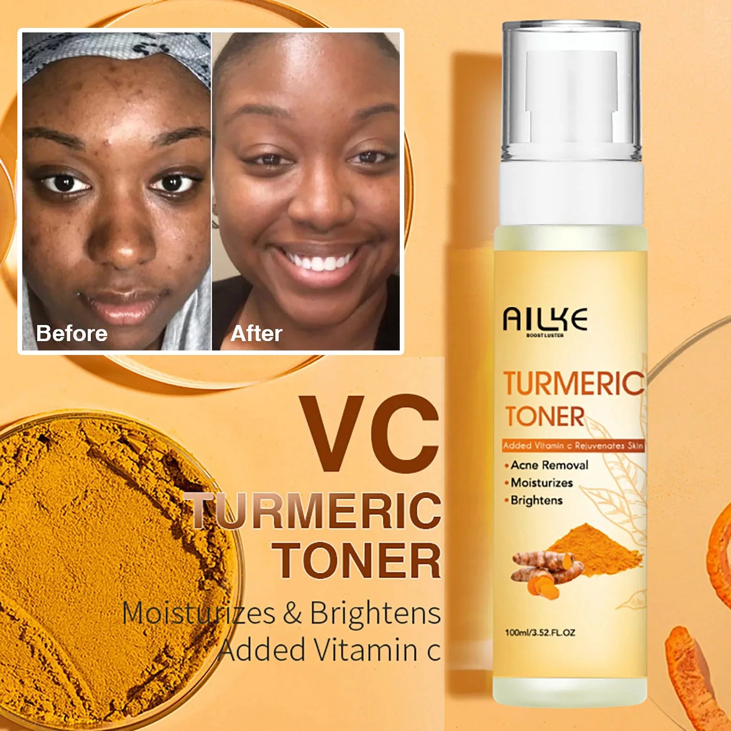 AILKE Organic Turmeric Skin Care Set, Brighten, Cleaning Skin, Remove Acne,Pimples, Whitening, Even Skin Tone, Improve Dry Skin