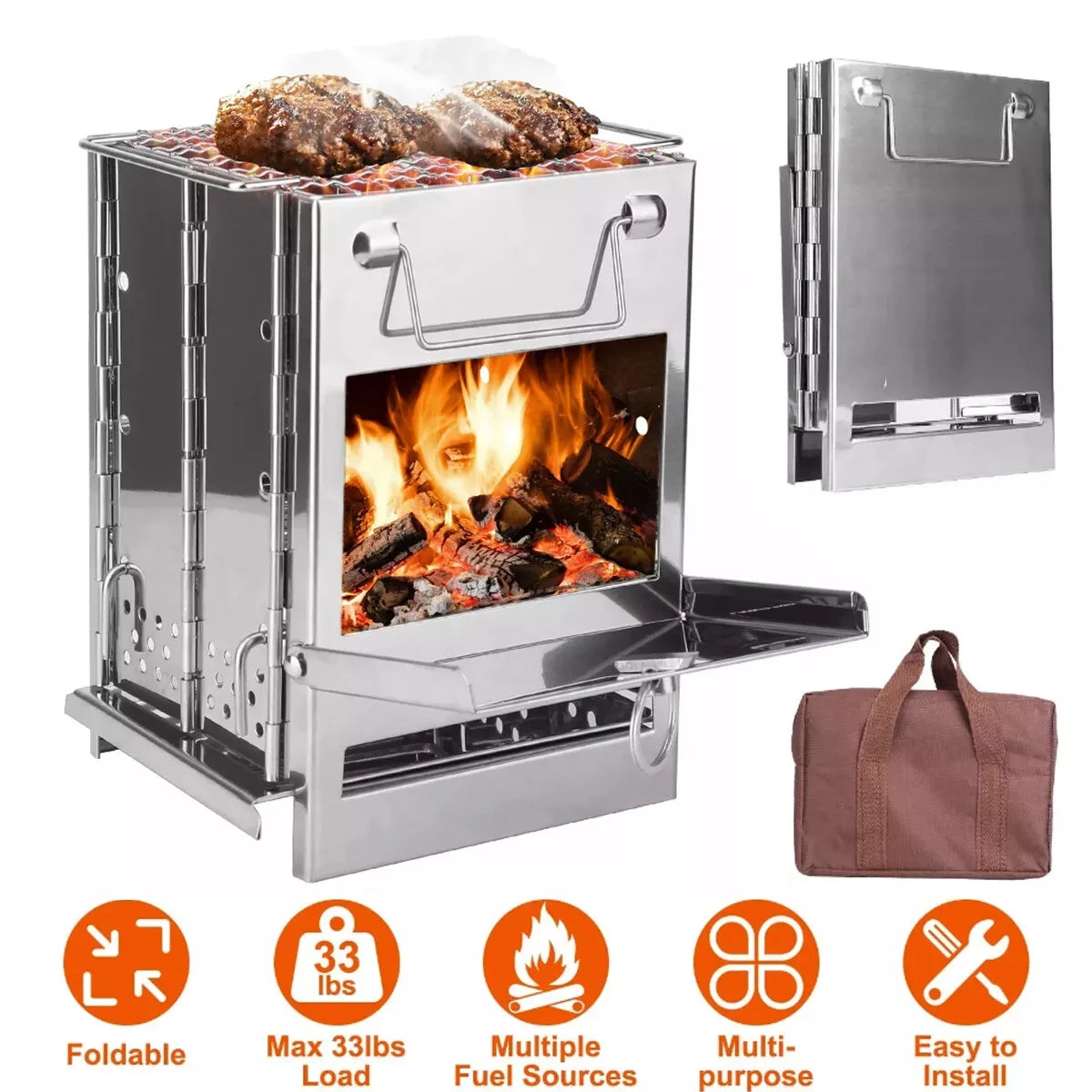XIAOTREE Stainless Steel Wood Burning Camping Stove Portable Folding
