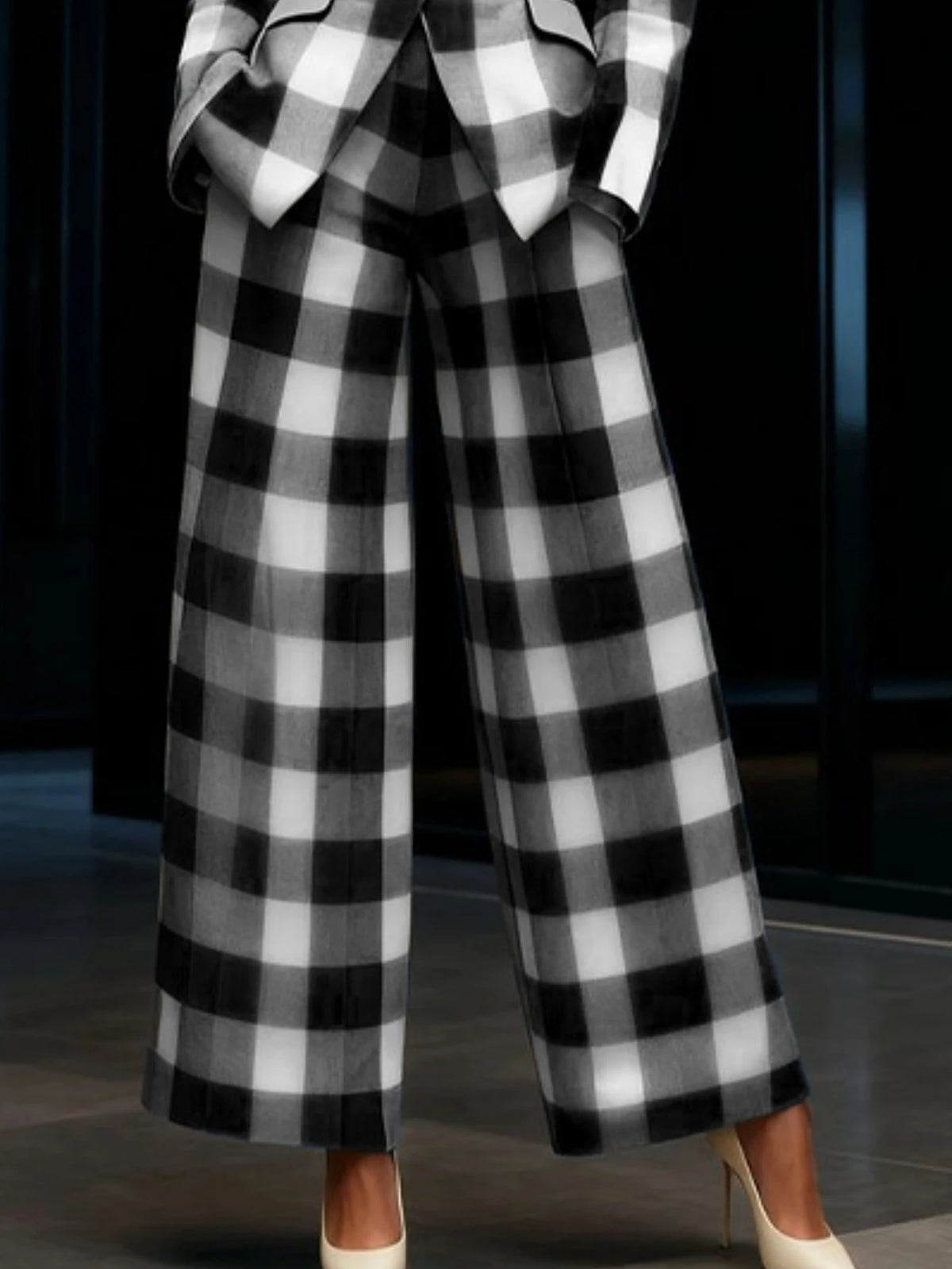 Plaid Print Womens Blazer And Wide Leg Pants Business Suit
