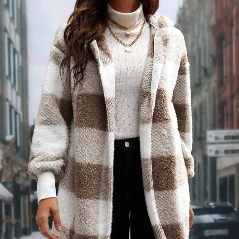 Women's Plaid Fleece Hooded Cardigan Jacket With Patchwork Design
